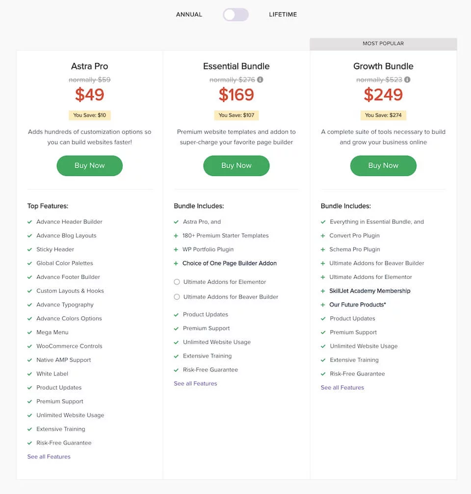 Astra WordPress Theme Pricing Table