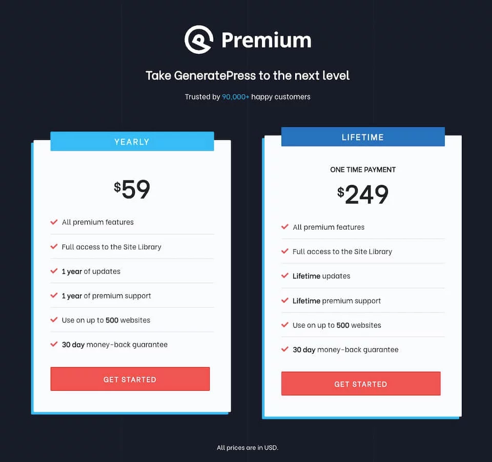 GeneratePress WordPress Theme Pricing Table