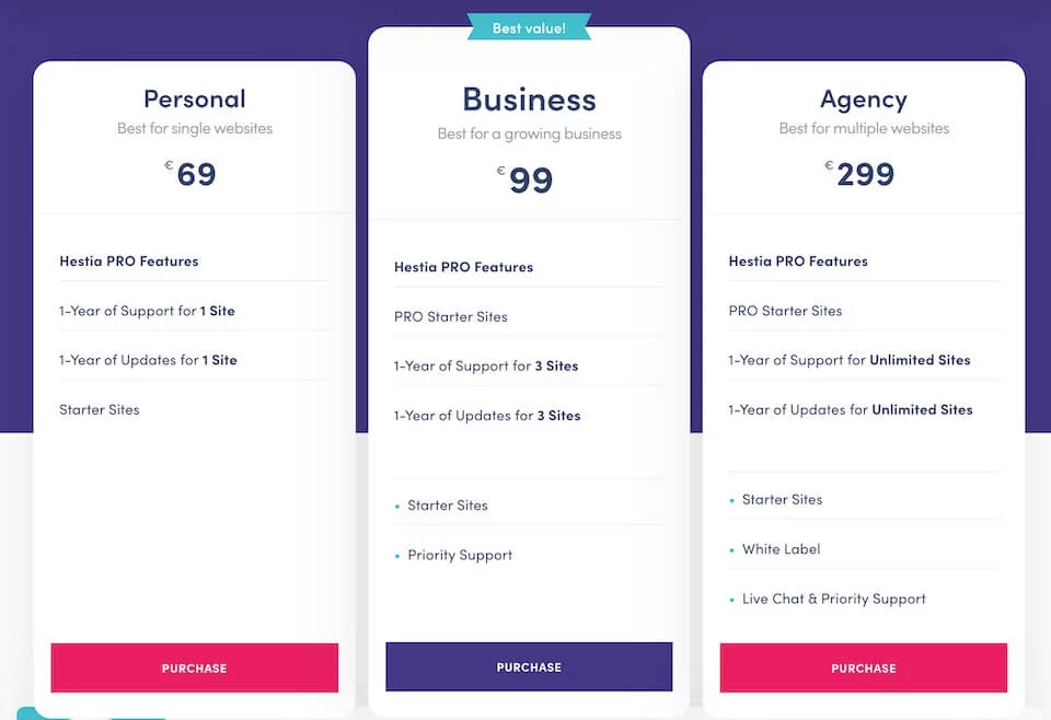 Hestia WordPress Theme Pricing Table