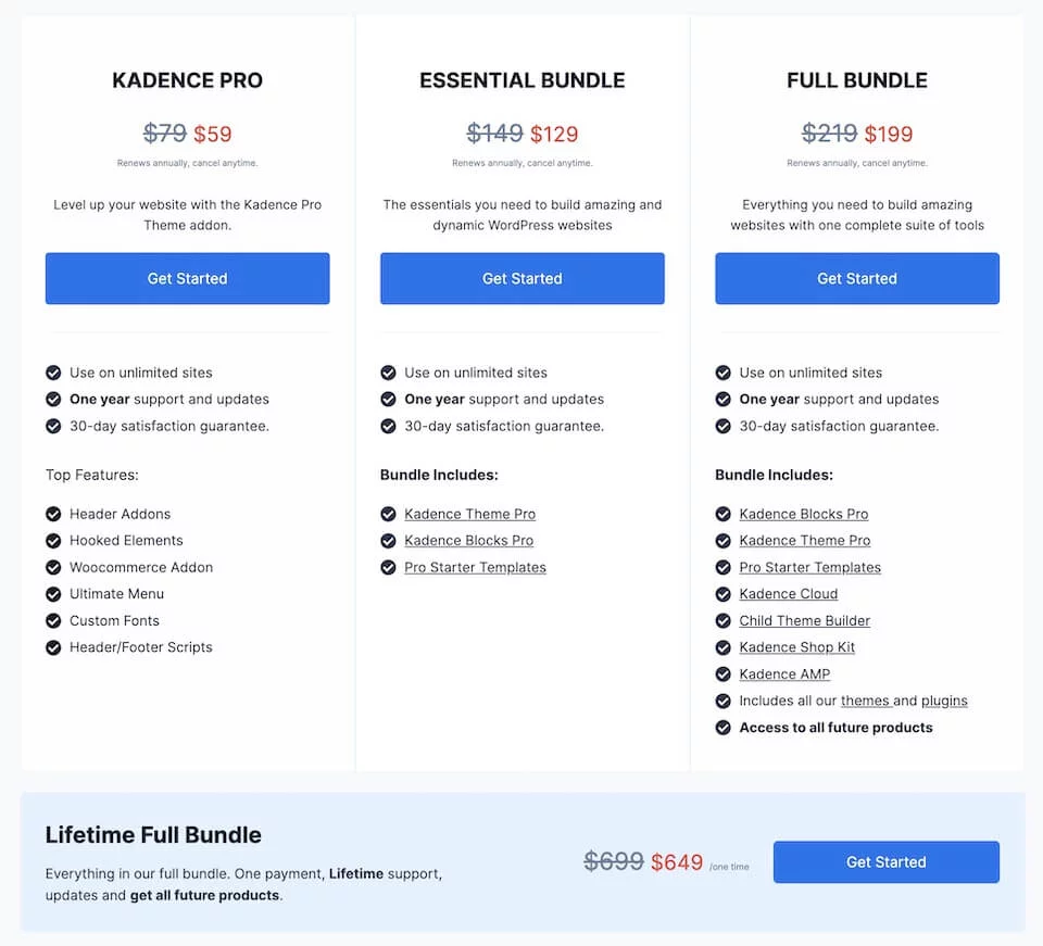 Kadence WordPress Theme Pricing Table