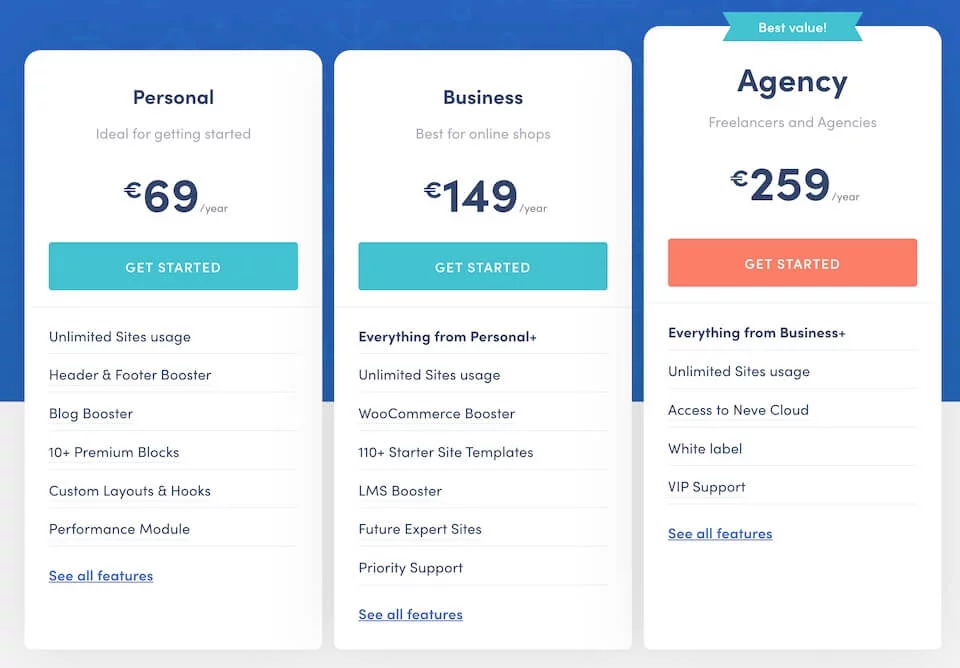 Neve WordPress Theme Pricing Table