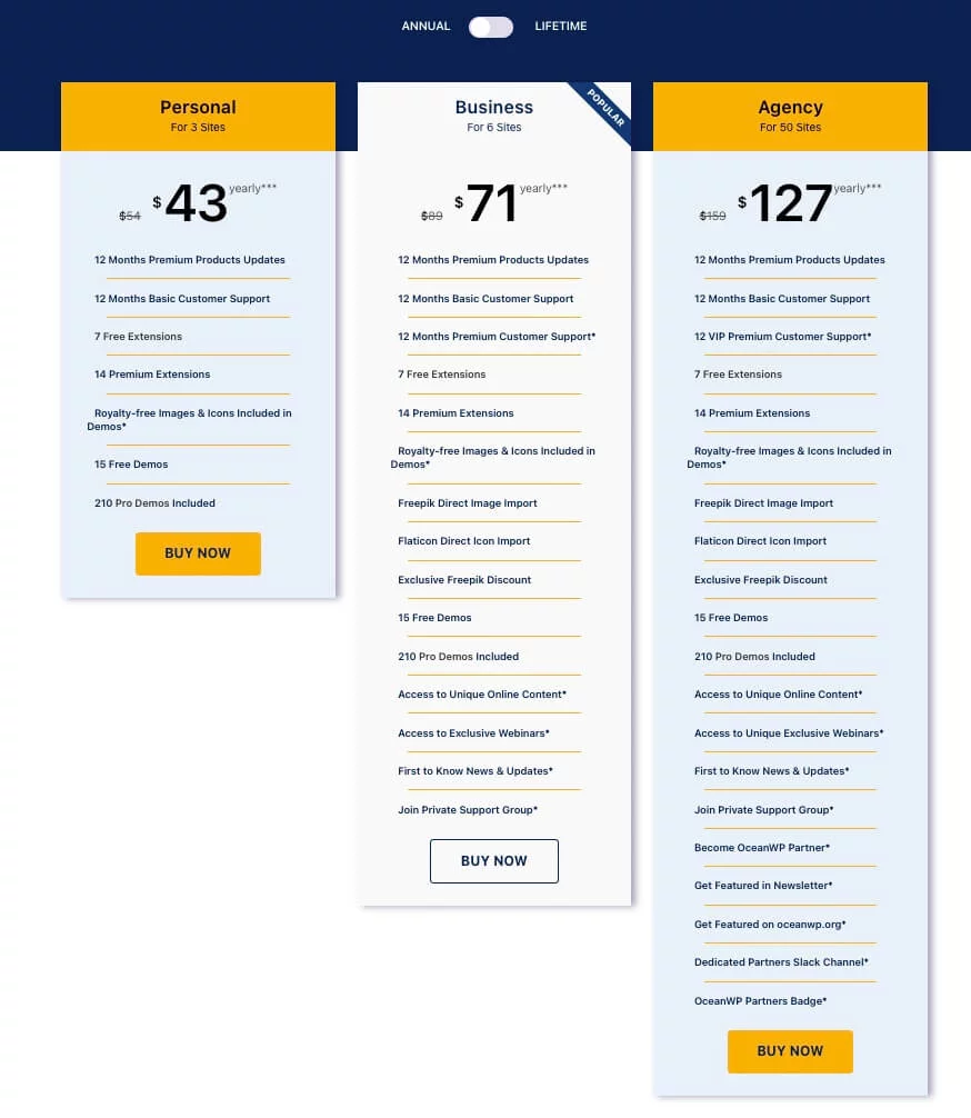 OceanWP WordPress Theme Pricing Table