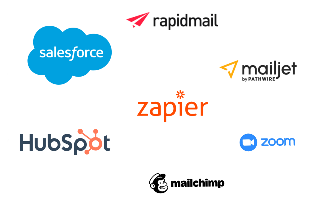 Greyd.Suite interfaces - various logos of HubSpot, Salesforce and other tools that can be integrated with Greyd.Suite