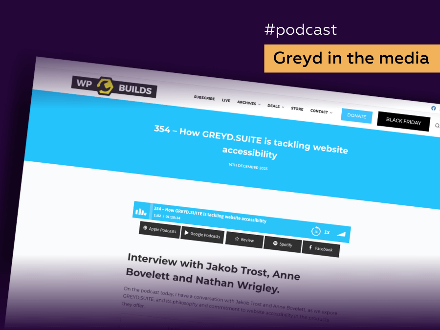 Sceenshot of the WP Builds podcast website. Caption on orangen banner: Greyd in the media.